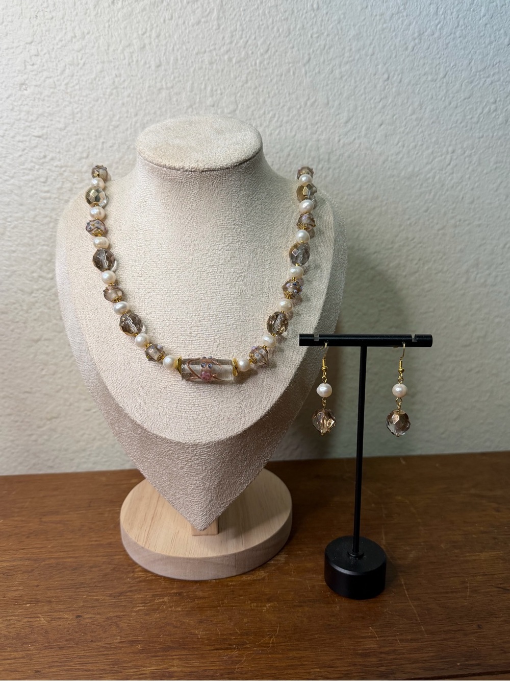 NEW! Artisan Champagne Heirloom Handmade Beaded Necklace & Matching Earrings